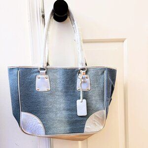 NEW Neiman Marcus  Denim Jean Blue Silver Shoulder Bag Medium Size Size Pocket